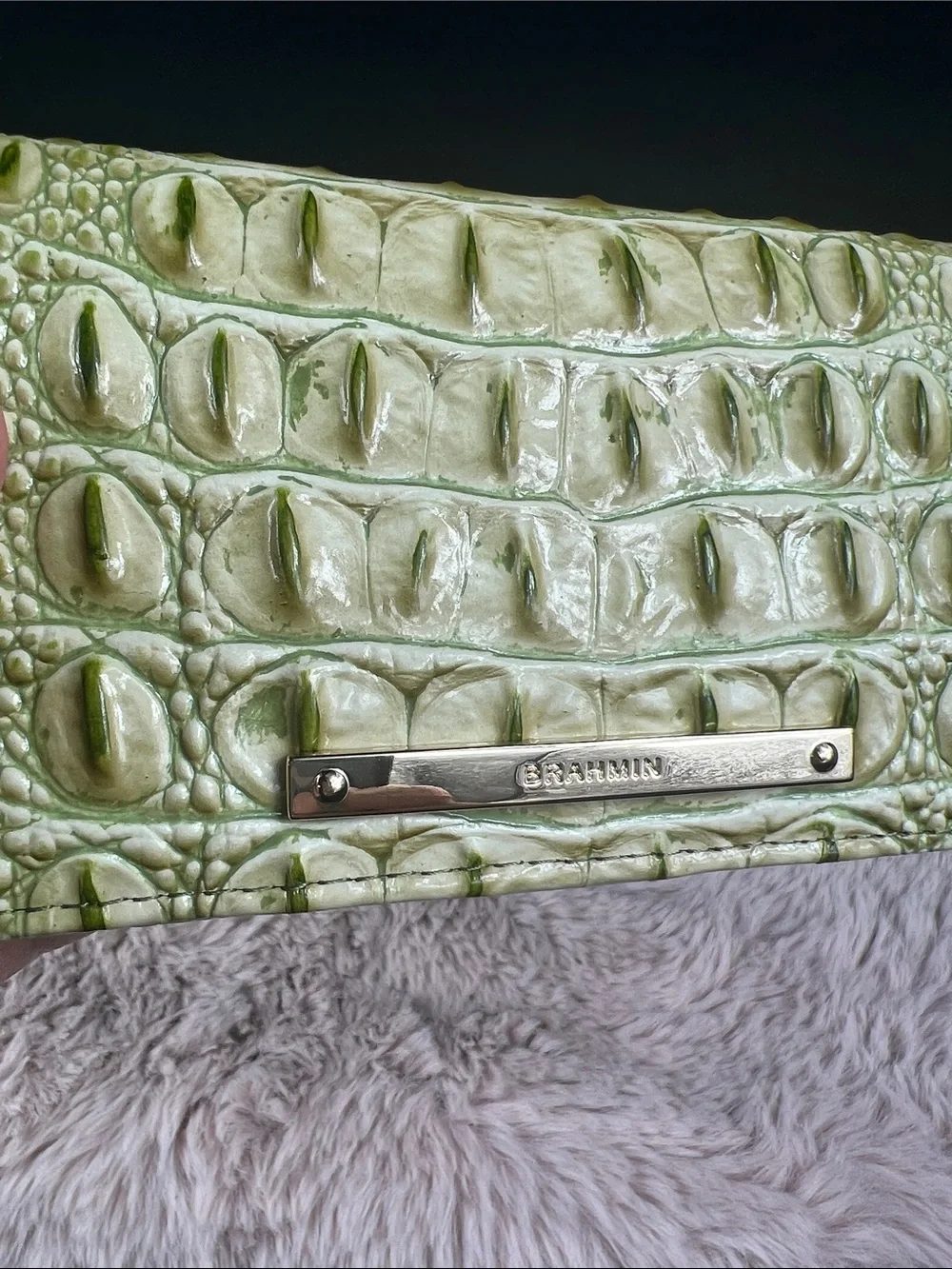 Brahmin Green & Cream Melbourne Croc-Embossed Leather Wallet EUC